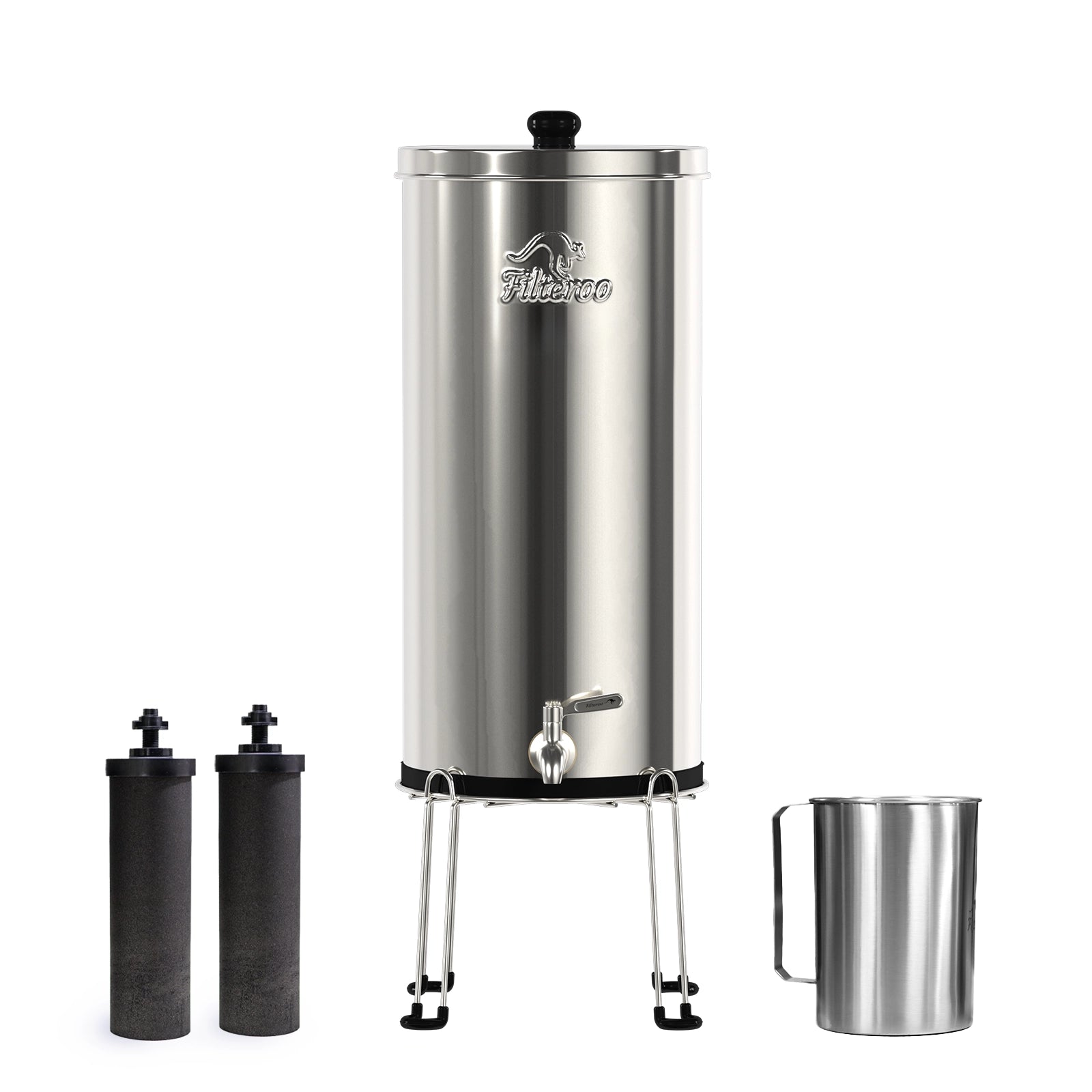 Stainless steel water filtration system with three filters and a pitcher on a white background
