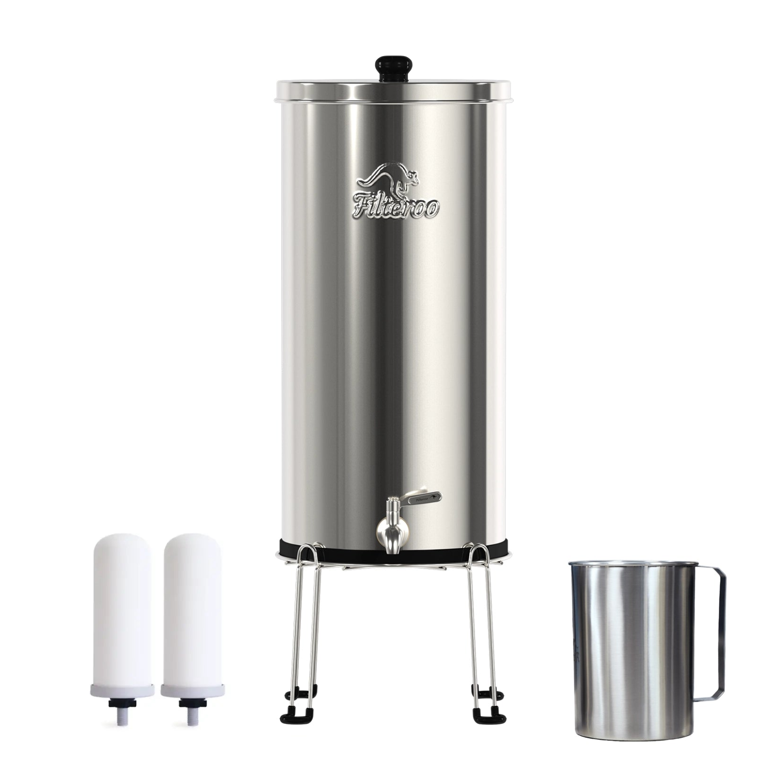 Filteroo® Superoo 5.28 Gallon Stainless Steel Gravity Water Filter with Fluoride Removal in white background