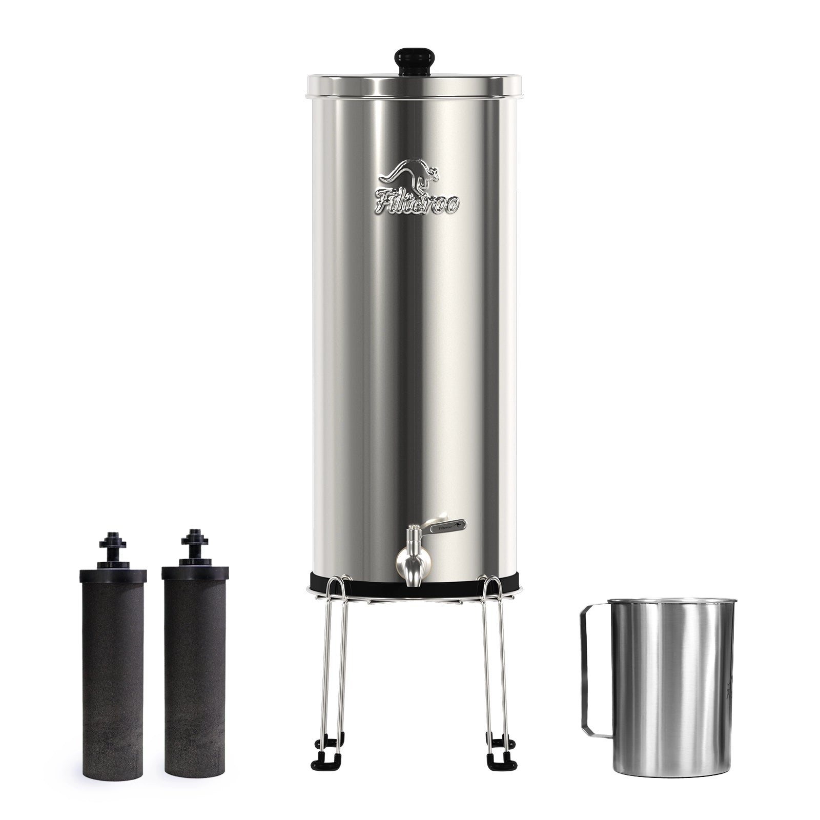 Stainless steel water dispenser with filters and a cup on a white background