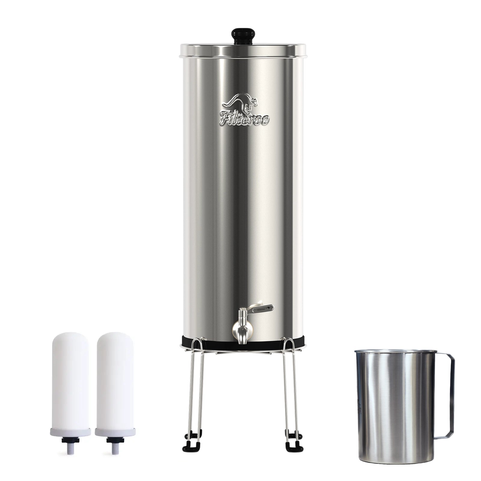 Stainless steel water dispenser with accessories on a white background