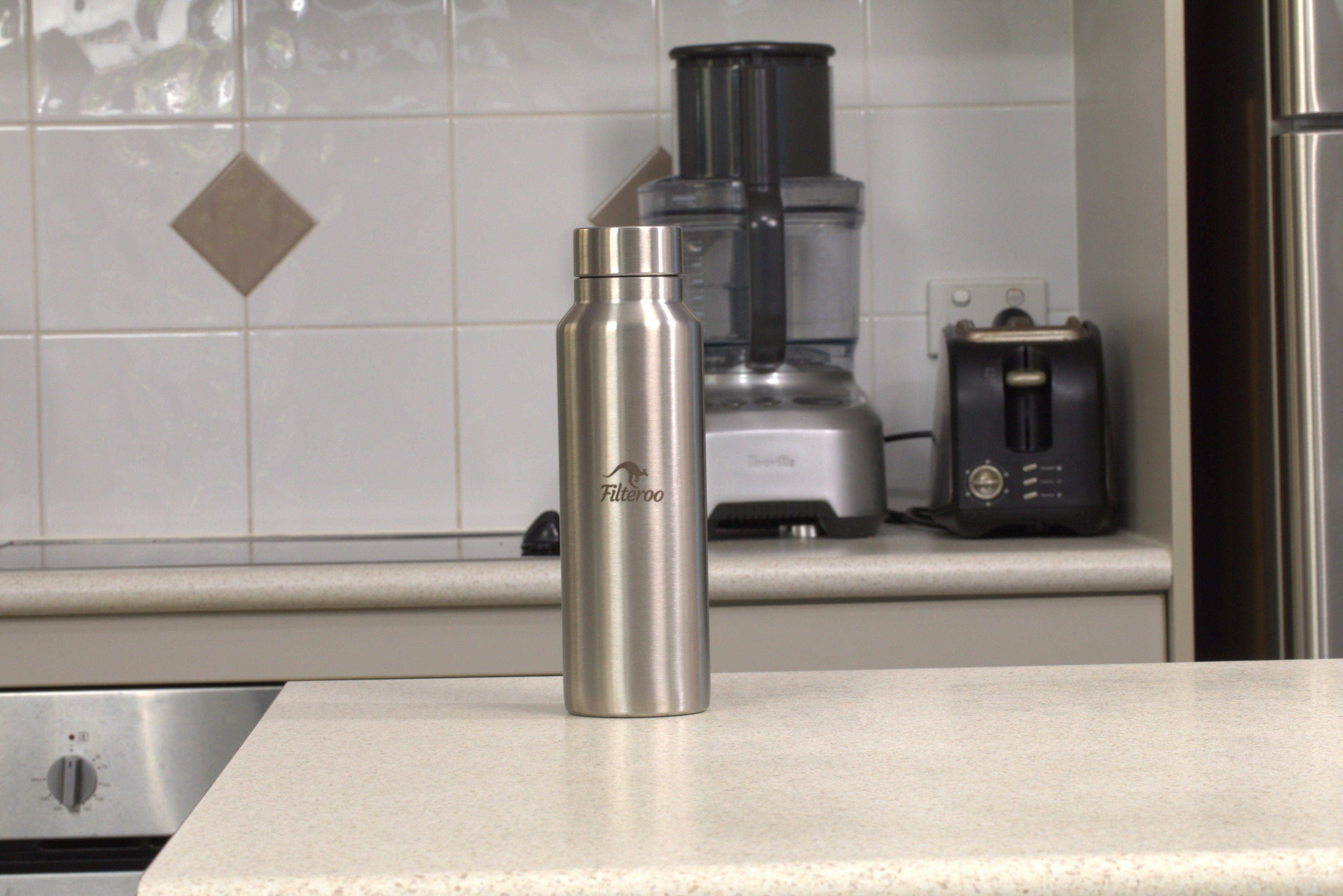 Filteroo Stainless Steel Bottle on a Kitchen Counter